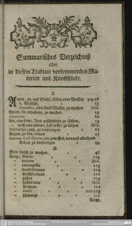 Summarisches Verzeichniß aller in diesem Traktate vorkommenden Materien und Kunststücke