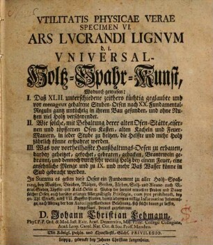 Vtilitatis Physicae Verae Specimem ..., 6.. Ars lucrandi lignum d. i. Universal-Holtz-Spahr-Kunst ...