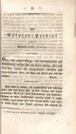 III. Säkular-Predigt über Psalm 106, 1-5.