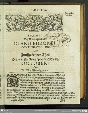 Deß 1680.sten Jahrs Zehender Monath, October, Oder Der Wein-Monat genannt