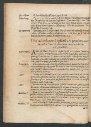 Libri as instantes Lipsenses& proximas autumnales Francofurtensium nundinas in lucem prodituri.