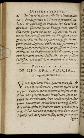 Dissertatio V. De Genere Judiciali eiusque; argumentis.