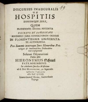 Discursus Inauguralis De Hospitiis Eorumque Iure