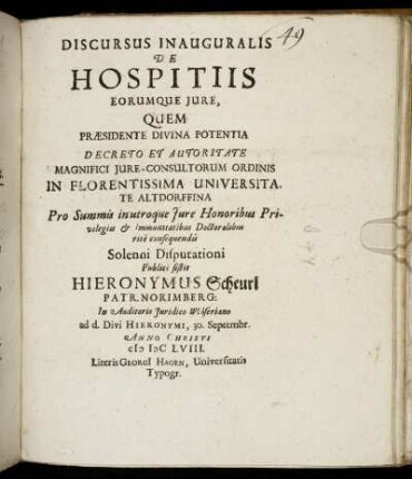 Discursus Inauguralis De Hospitiis Eorumque Iure