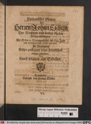 Pindarischer Gesang An Herren Johan Eicheln Der Weißheit und beider Rechte Wohlgewürdigten Als Er den 15. Weinmonaths/ im 1649. Jahr von Helmstedt nach Hause verreisete