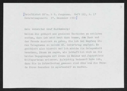 Brief von Gerhart Hauptmann an Kuno Ferdinand von Hardenberg