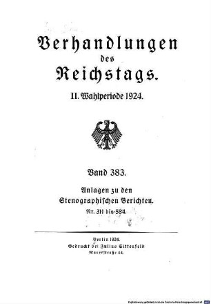 Verhandlungen des Reichstages. Stenographische Berichte. 383. 1924