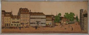 Dresden, die Zwingerstraße nach Nordwesten, vor den Häusern die Reste des alten Mühlgrabens, rechts das Turmhaus, im Hintergrund der Zwinger