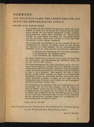 Vorwort zur Neuherausgabe der Lehrpläne für die Deutsche Demokratische Schule
