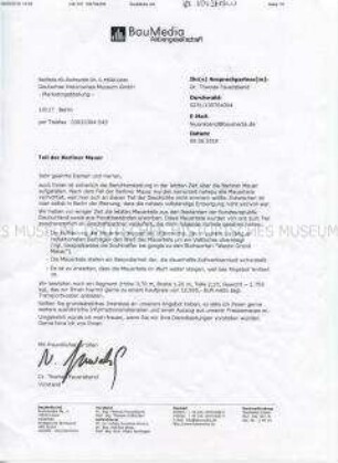 Schreiben (Fax) an das DHM mit dem Angebot des Kaufes eines Segments der Berliner Mauer Museum