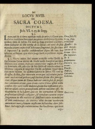 Locus XVIII. De Sacra Coena