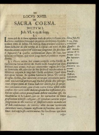 Locus XVIII. De Sacra Coena