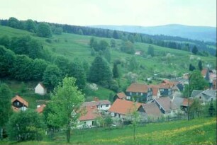 Ortsansicht mit Häusern, Gärten; Streifenflur hinter Höfen