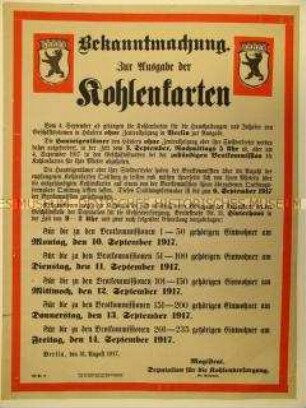 Maueranschlag: Bekanntmachung zur Ausgabe der Kohlenkarten