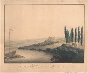 Ansicht der Stadt Pirna und der Festung Sonnenstein, kolor. Umrissradierung, um 1830 : Vue de la ville de Pirna et du château Sonnenstein du coté d'occident / dessiné et gravé d'après nature par Francois Täubert. - Dresde : Fr. Täubert , [um 1830]. - 1 Kunstbl. : kolor. Stich ; 48 x 35 cm