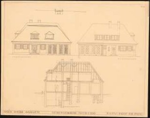 Haus Herz, Berlin-Dahlem. Zum Projekt gehörend: Böhmer & Petrich, Haus Herz, Berlin-Dahlem Umbau zu Haus Himmler: Nebengebäude: 2 Ansichten, Schnitt 1:100
