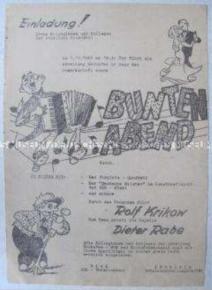Hektografiertes Flugblatt der Abteilung Hochofen mit der Einladung zu einem "Bunten Abend"