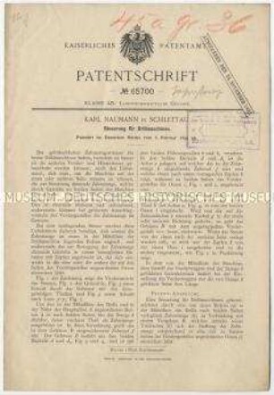 Patentschrift einer Steuerung für Drillmaschinen, Patent-Nr. 65700