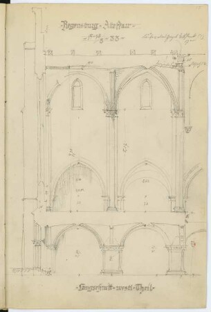 Alte Pfarrkirche, Regensburg: Längsschnitt (aus: Skizzen- und Fotoalbum 2)