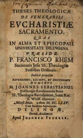 Theses theologicae de venerabili eucharistiae sacramento