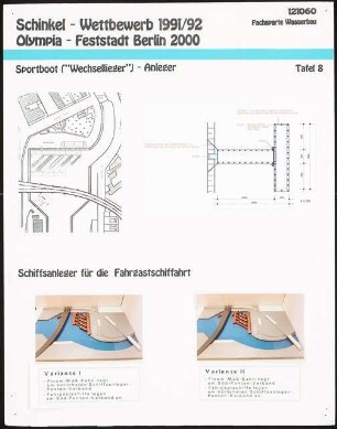 Museumshafen im Humboldthafen, Berlin Schinkelwettbewerb 1992: Sportboot-Anleger (Wechsellieger): Lageplan, Grundriss 1:200 und Schiffsanleger für die Fahrgastschiffahrt: Modellfotos