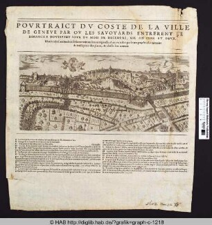 Portraict du Coste de la Ville de Genève par où les Savoyards entrerent le Dimanche douziesme iour du mois de Decembre, mil six cens et deux
