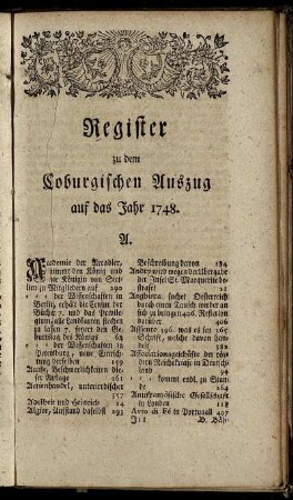 Register zu dem Coburgischen Auszug auf das Jahr 1748.