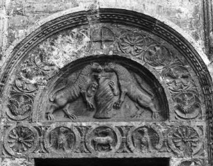 Assisi. San Rufino (um 1140/1228; Giovanni da Gubbio). Tympanon des Nordportals mit heraldischen Tieren