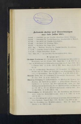 Koloniale Gesetze und Verodnungen aus dem Jahre 1910.