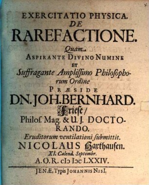 Exercitatio phys. de rarefactione