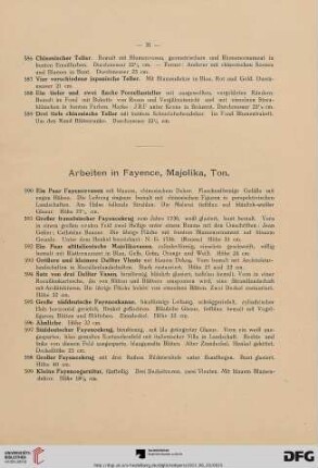 Arbeiten in Fayence, Majolika, Ton (Nr. 590-648)