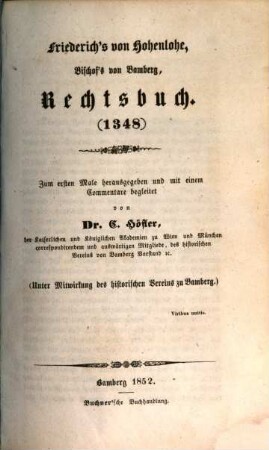 Friederich's von Hohenlohe, Bischof's von Bamberg, Rechtsbuch : (1348)