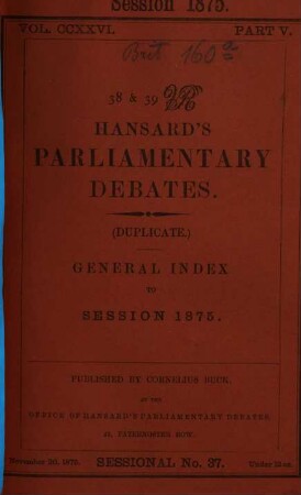 Hansard's parliamentary debates. General index to session. 1875