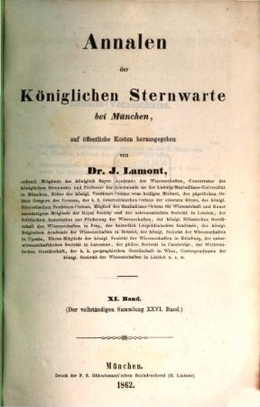 Annalen der Königlichen Sternwarte bei München. 11 = 26 d. Gesamtw. 1862