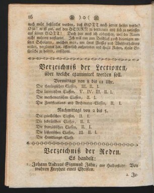 Verzeichnis der Lectionen, über welche examiniret werden soll.