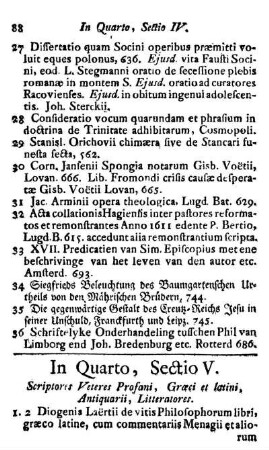Sectio V. Scriptores Veteres Profani, Græci et latini, Antiquarii, Litteratores.