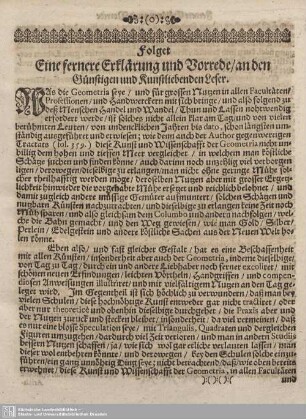Folget Eine fernere Erklärung und Vorrede/ an den Günstigen und Kunstliebenden Leser.