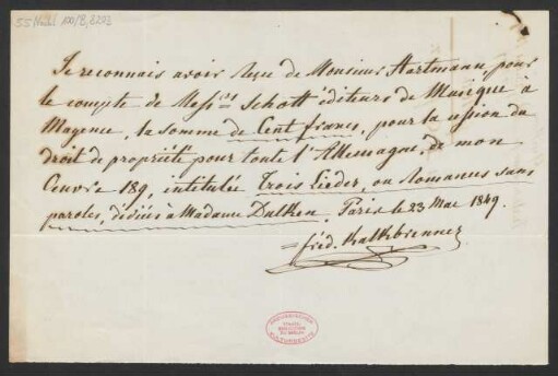 Quittung über Honorar für "Romances sans Paroles, Op.189"