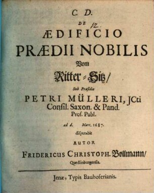 De Aedificio Praedii Nobilis : = Vom Ritter-Sitz