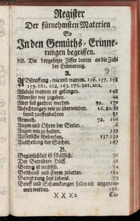 Register Der fürnehmsten Materien So In den Gemüths-Erinnerungen begriffen.