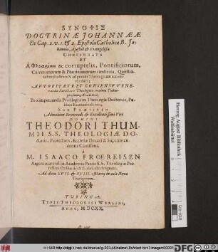 Synopsis Doctrinae Johannaeae Ex Cap. 2. v. 1. & 2. Epistolae Catholicae B. Johannis Apostoli & Evangelistae ...