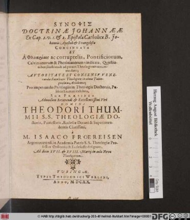 Synopsis Doctrinae Johannaeae Ex Cap. 2. v. 1. & 2. Epistolae Catholicae B. Johannis Apostoli & Evangelistae ...