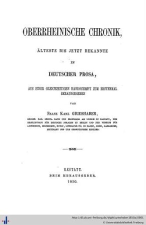 Oberrheinische Chronik : älteste bis jetzt bekannte, in deutscher Prosa