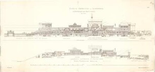 Thiersch, August ; Alexandria (Ägypten); Serapeum von Alexandria, Rekonstruktion des Sarapistempels - Ostseite (Ansicht); Erste Ptolomäische Neuanlage, Tempelhof von Süden nach Norden (Längsschnitt)