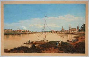 Ansicht von Dresden, Blick von der linken Elbseite in Höhe des Ostrageheges auf die Altstadt, die alte Augustusbrücke und die Neustadt