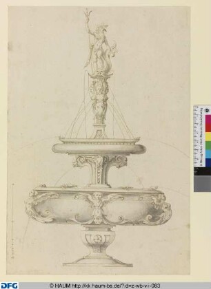 Entwurf für einen Neptunsbrunnen der Münchner Residenz in Form eines zweischaligen römischen Brunnens mit Neptunsfigur und vier weiblichen Büsten als Wasserspenderinnen