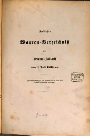 Schaumburg-Lippische Landesverordnungen. Vereins-Zolltarif. Amtliches Waaren-Verzeichniß, 1865, 1. Juli