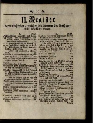 II. Register derer Schriften, welchen die Namen der Autoren nicht beygefüget worden