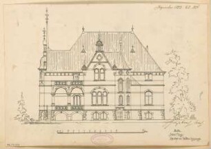 Villenartiges Wohnhaus, Lüdenscheid Monatskonkurrenz Dezember 1883: Aufriss Südostansicht; Maßstabsleiste (Kopie, da Original an Auslober ging)