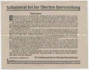 Flugblatt mit einem Aufruf des Soldatenrates bei der Obersten Heeresleitung zum Ende des Kriegs